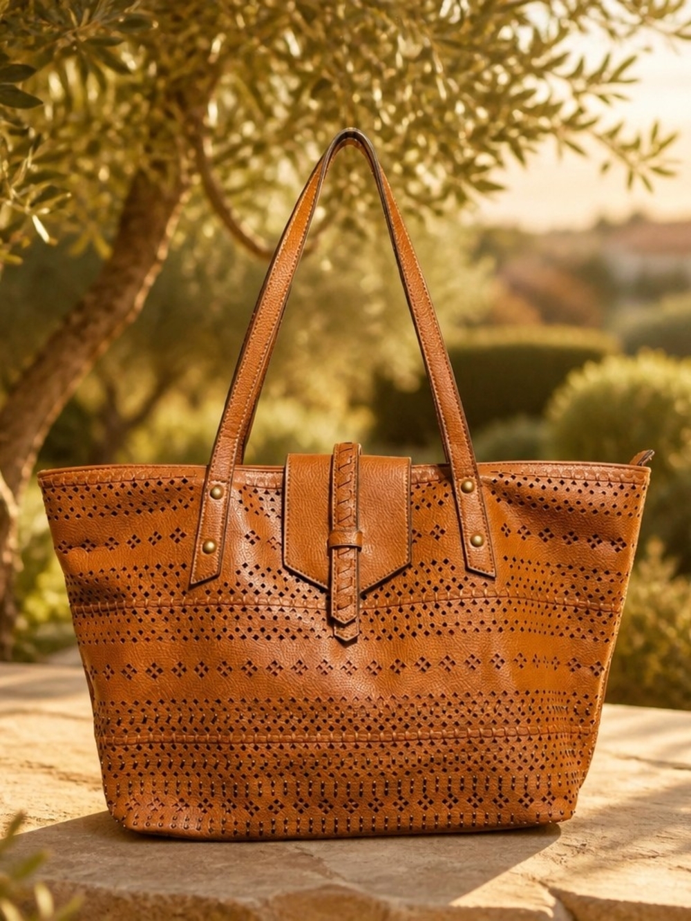Studio Collection Cognac Perforated Laser-Cut Vegan Leather Bohemian Tote Bag